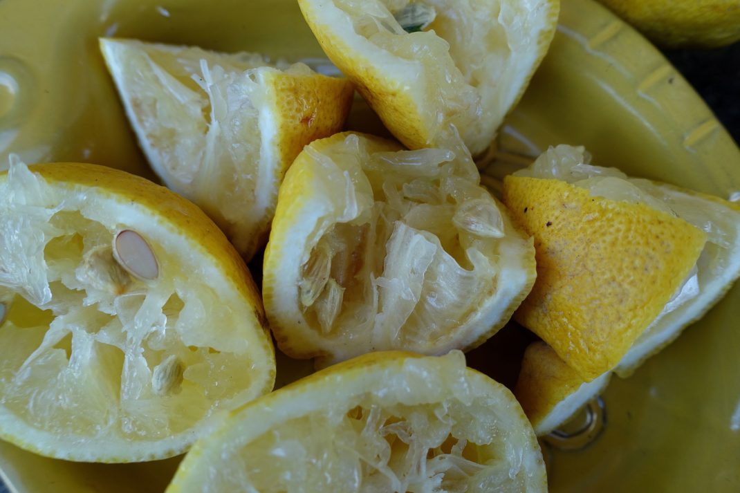 Närbild på citronhalvor som pressats på citronsaft. Freeze lemons, close-up of lemon halves. 