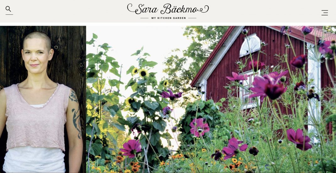 Picture of the header of my blog, a photo of me and a photo of my red house in a flowering garden.