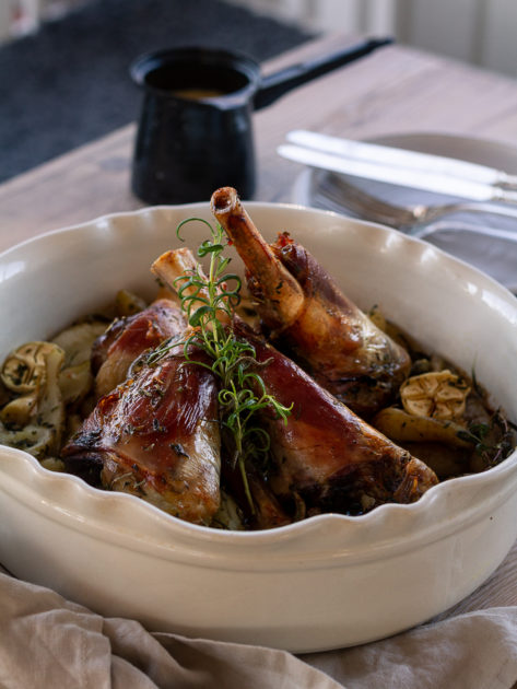 Lamb shanks with oven-baked Jerusalem artichokes – Sara's Kitchen Garden