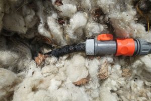 Närbild på anslutning mellan fuktslang och vattenslang.