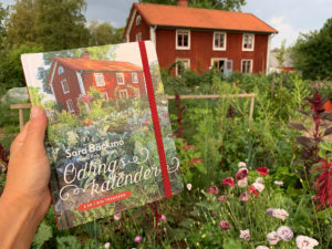 Saras hand håller upp boken 'Odlingskalender' framför sitt hus - samma vy som omslaget på boken visar.