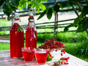 Läcker röd saft av vinbär i fina glaskflaskor.