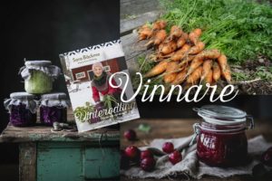 Ett bildkollage med recept och bok och text Vinnare