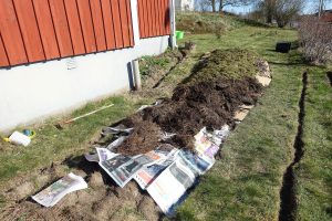 Tidningar och gödsel och gräsklipp har lagts på den nya odlingsbädden.
