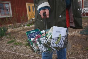 Sara håller i en korg med fröer