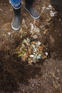 Sara gräver ner bokashi